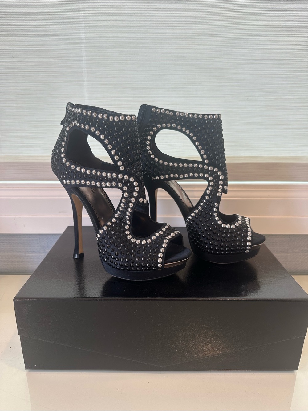 bebe Black Studded Cutout Platform Stiletto Sandals